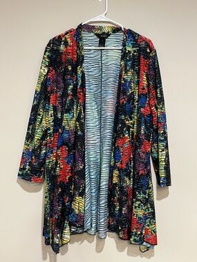 Ali Miles | Abstract floral vibrant sheer open front cardigan Women’s size XL